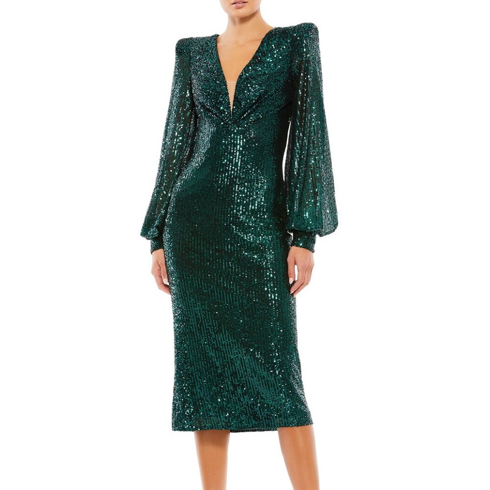 Mac Duggal NWT  Green Sequined Structured Bishop Sleeve  - Never Worn! Size 14